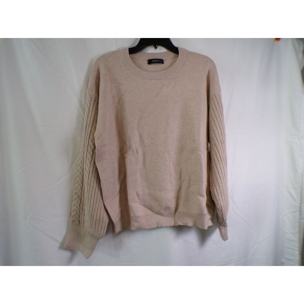 JESSICA Women's Sweater L Beige Cable Knit Crew Neck Pullover 50% Viscose